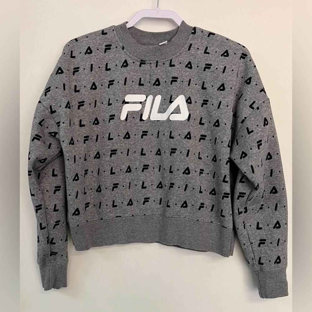 Women's Fila All Over Logo Cropped Crew Neck Sweatshirt Size L